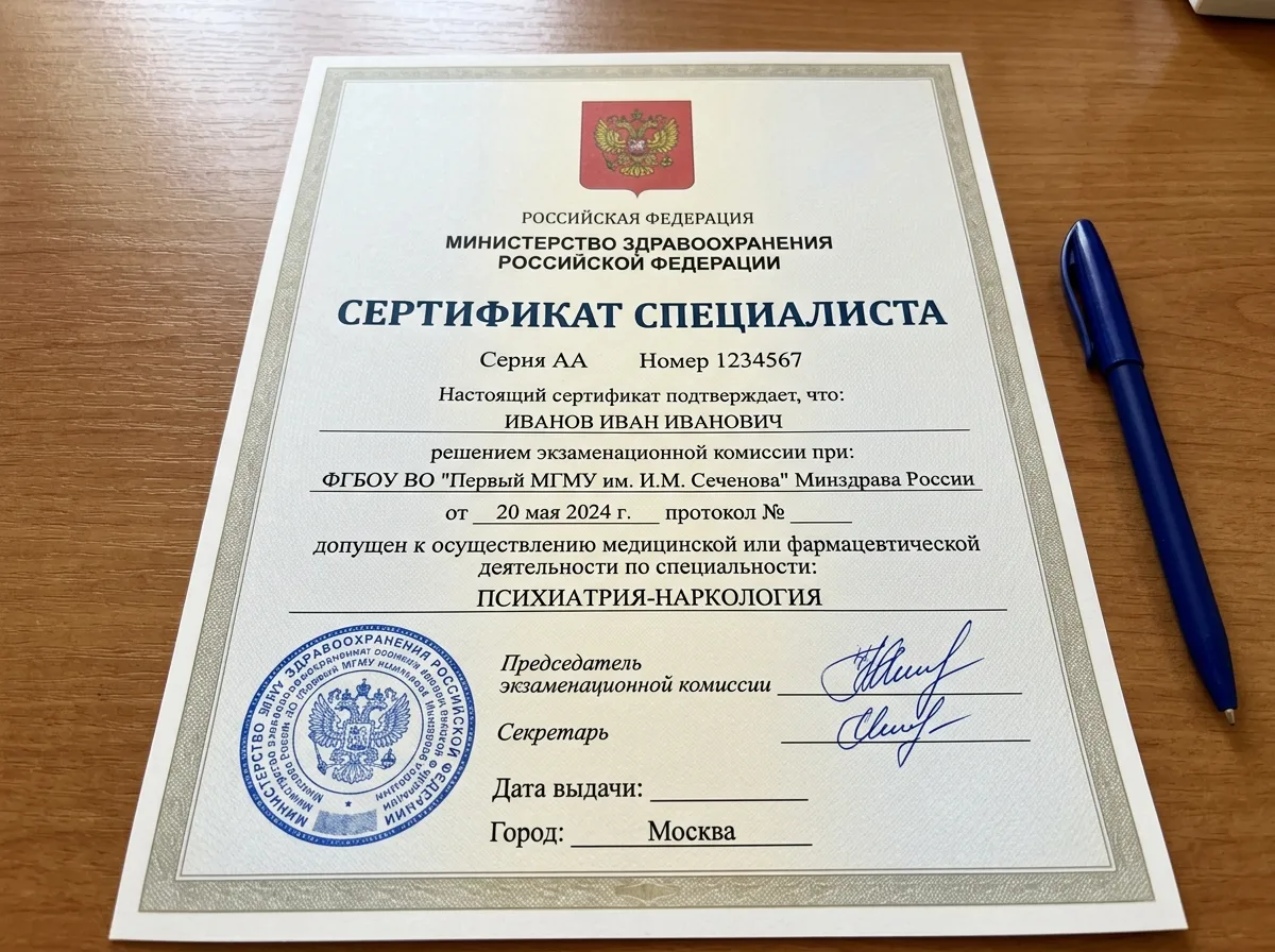 Сертификат специалиста по психиатрии-наркологии, официальный документ с гербом и подписью, Министерство здравоохранения РФ